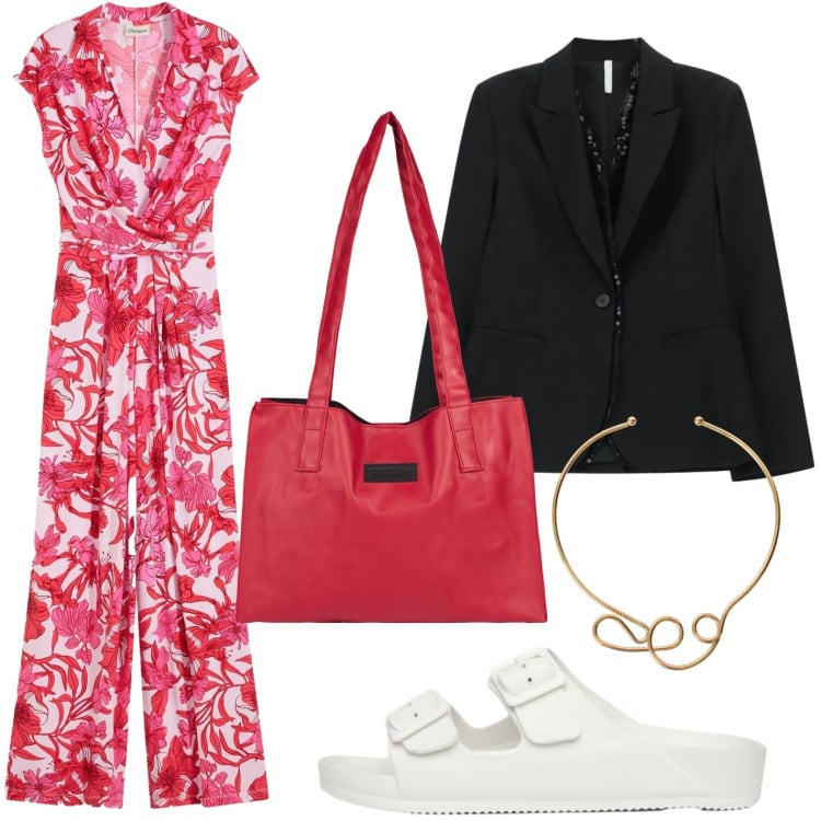 Outfit donna - La tuta fantasia. Stile Minimal per Tutti i giorni. Abbinamento con tute, ciabatte, blazer, shopping bag, collane.