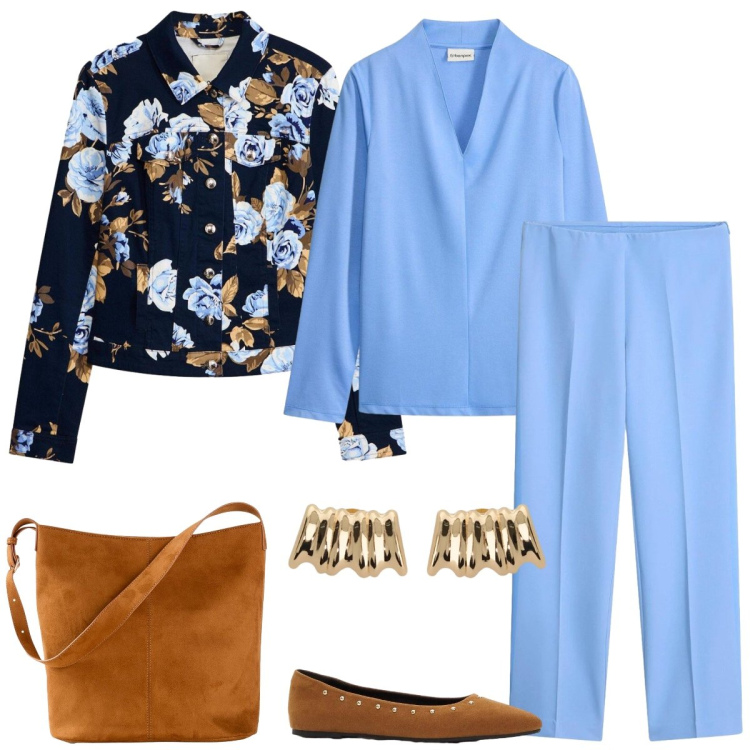 Outfit donna - Total look #2364303. Stile Romantica per Tutti i giorni. Abbinamento con pantaloni, borse a mano, blazer, bluse, ballerine, orecchini.