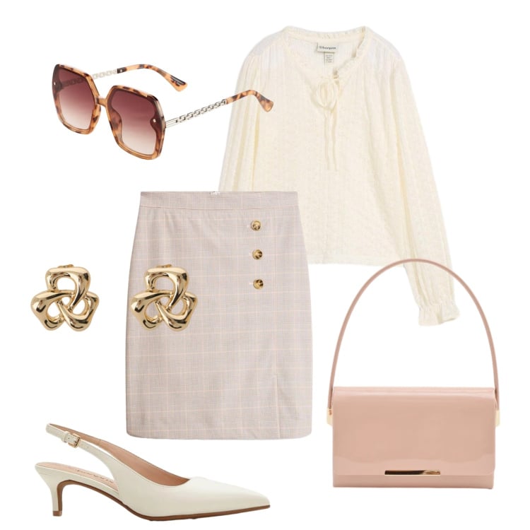 Outfit donna - Longuette principe di Galles. Stile Bon Ton per Ufficio. Abbinamento con gonne longuette, décolleté, bluse, occhiali da sole, pochette, orecchini.