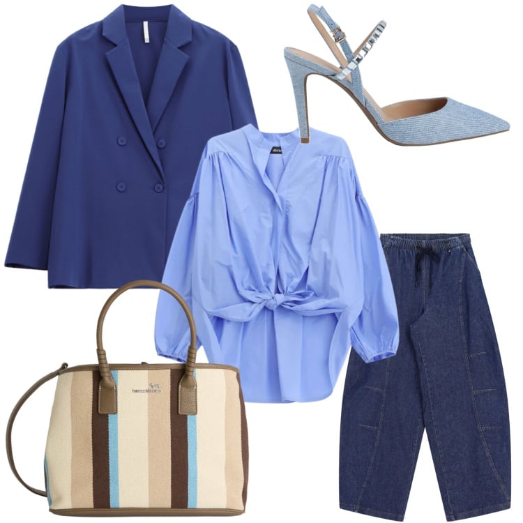 Outfit donna - Casual chic. Stile Casual per Ufficio. Abbinamento con décolleté, shopping bag, blazer, camicie, pantaloni a palazzo.