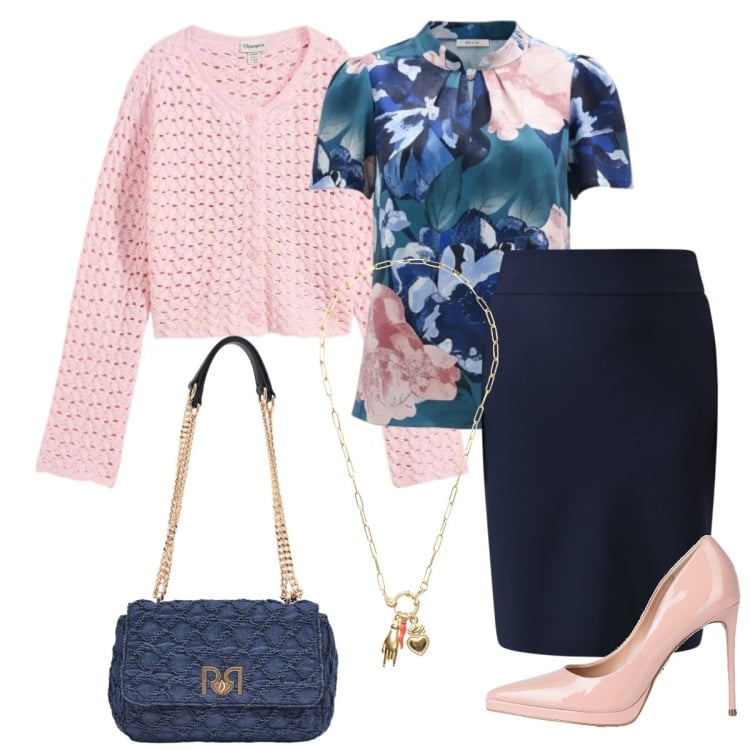 Outfit donna - Total look #2364308. Stile Romantica per Serata fuori. Abbinamento con décolleté, cardigans, gonne, bluse, borse a spalla, ciondoli.