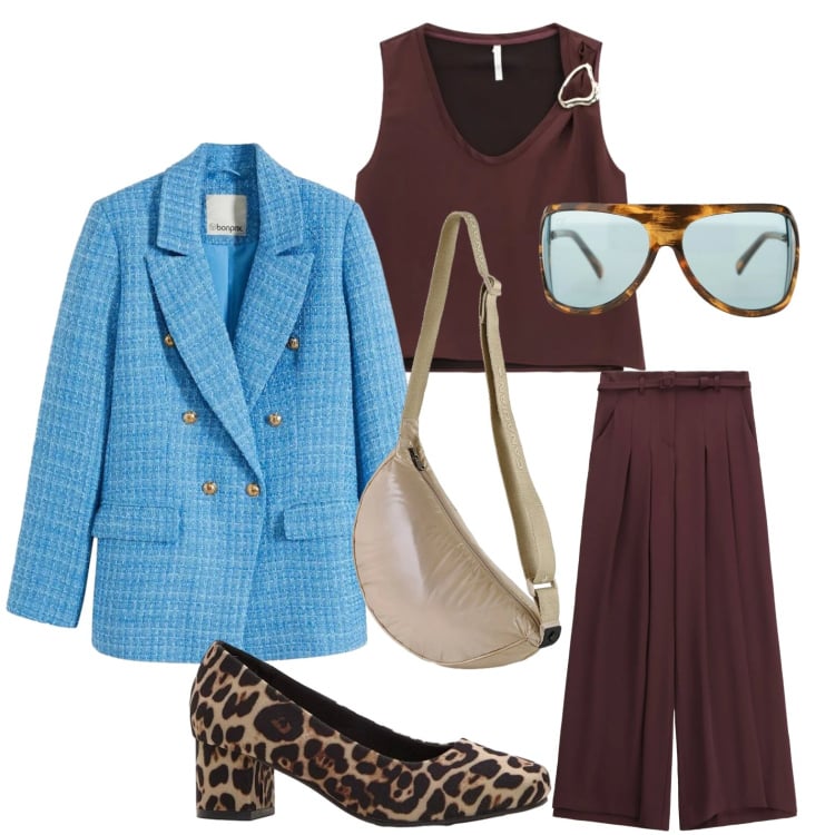 Outfit donna - Tendenza animalier. Stile Basic per Tutti i giorni. Abbinamento con blazer, décolleté, occhiali da sole, pantaloni a palazzo, top, borse a tracolla.