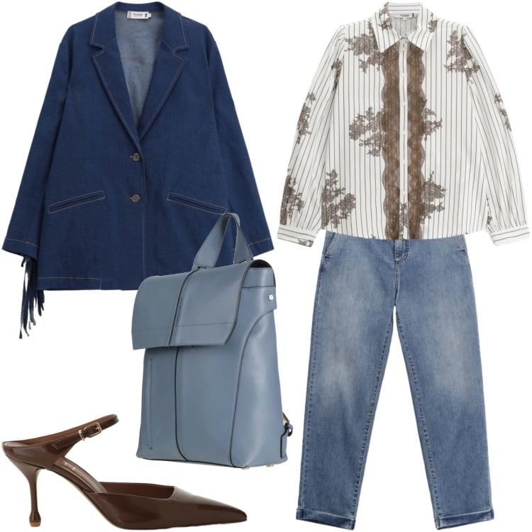 Outfit donna - Blazer sfrangiato. Stile Casual per Ufficio. Abbinamento con zaini, camicie, jeans, blazer, décolleté.