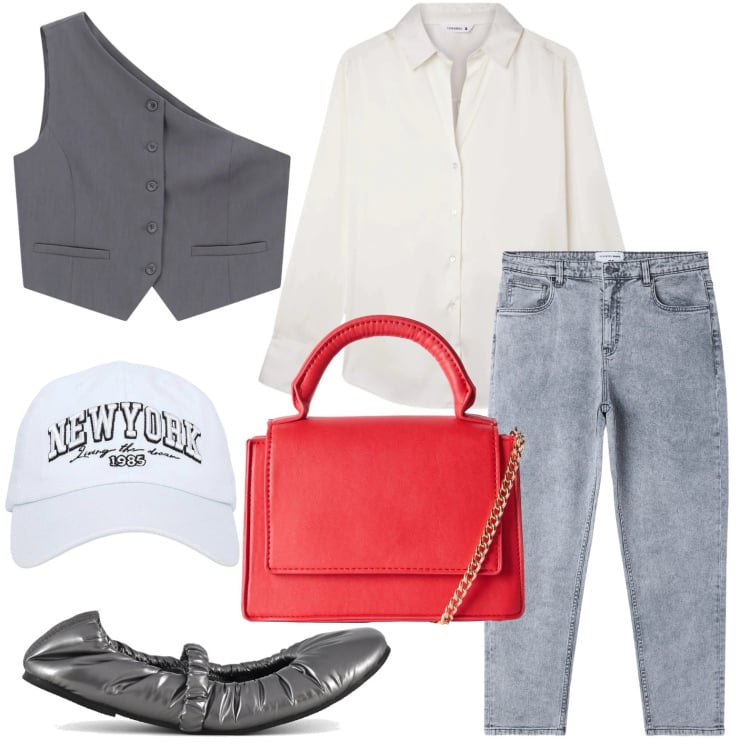 Outfit donna - L\'accessorio colorato. Stile Urban per Ufficio. Abbinamento con camicie, cappelli, jeans mom, borse a tracolla, gilet, ballerine.