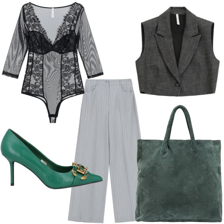 Outfit donna - Trasparenze e tacchi. Stile Glamour per Tutti i giorni. Abbinamento con décolleté, gilet, bluse, pantaloni a palazzo, borse a mano.