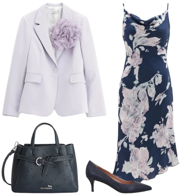 Outfit donna - Total look #2364316. Stile Romantica per Cerimonia. Abbinamento con décolleté, borse a mano, blazer, vestiti asimmetrici.