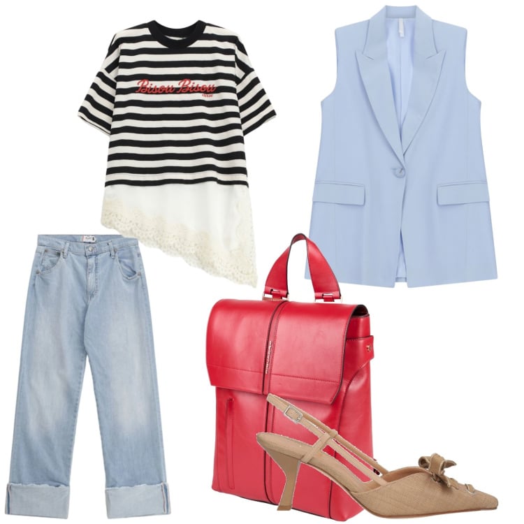 Outfit donna - Il gilet elegante. Stile Urban per Tutti i giorni. Abbinamento con zaini, décolleté, jeans dritti, gilet, t-shirt.