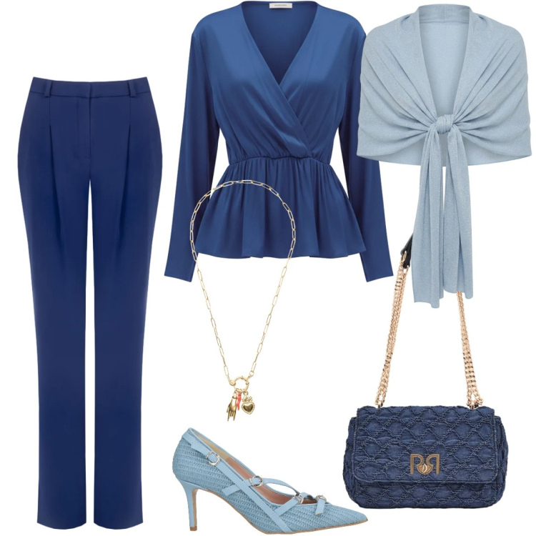 Outfit donna - Total look #2364318. Stile Chic per Cerimonia. Abbinamento con décolleté, ciondoli, borse a spalla, pantaloni, stole, bluse.