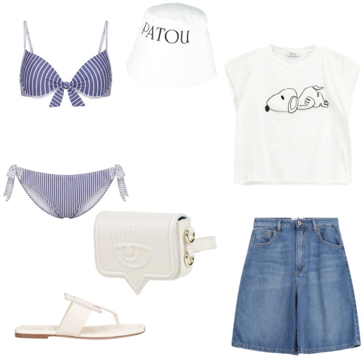 Outfit donna - Pomeriggio al mare. Abbinamento con marsupi, ciabatte, cappelli, bikini, bermuda, t-shirt.