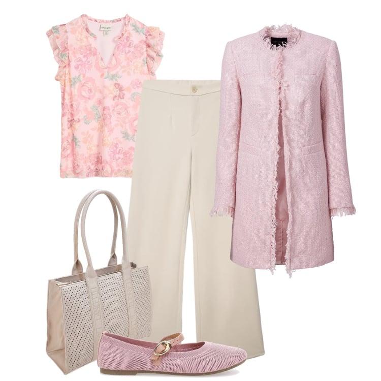 Outfit donna - Spring romance. Stile Romantica per Tutti i giorni. Abbinamento con blazer, bluse, pantaloni, ballerine, borse a spalla.