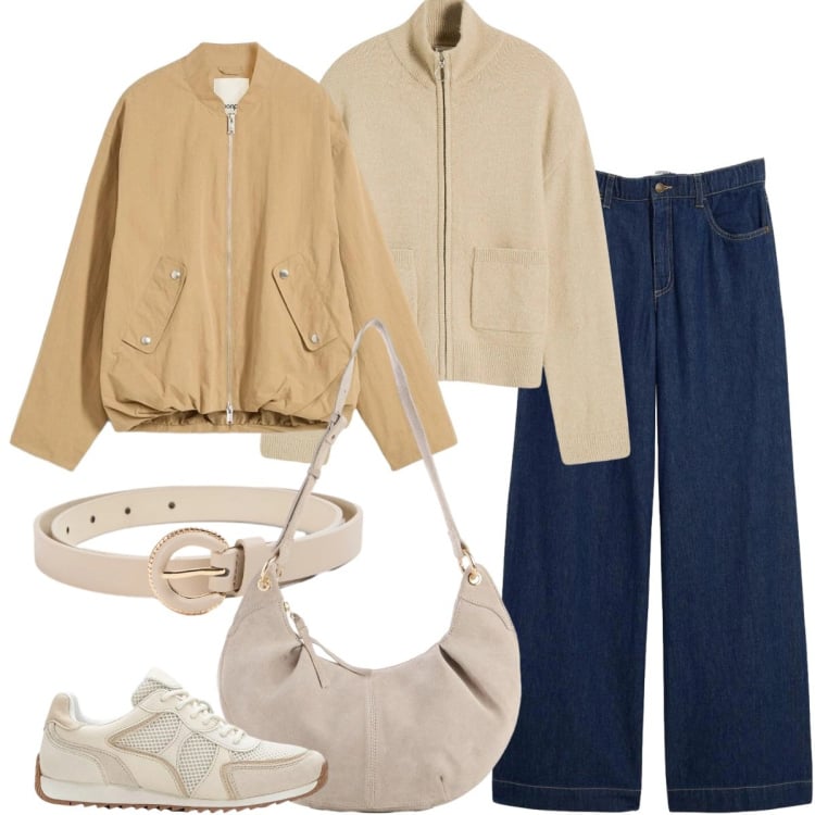 Outfit donna - Il bomber in saldo. Stile Casual chic per Tutti i giorni. Abbinamento con bomber, cardigans, jeans dritti, borse a tracolla, sneakers alte, cinture.