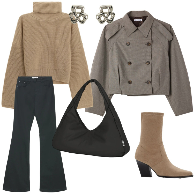 Outfit donna - Un casual outfit da ufficio. Stile Trendy per Tutti i giorni. Abbinamento con stivaletti, jeans a zampa, caban, maglieria, orecchini, borse a spalla.