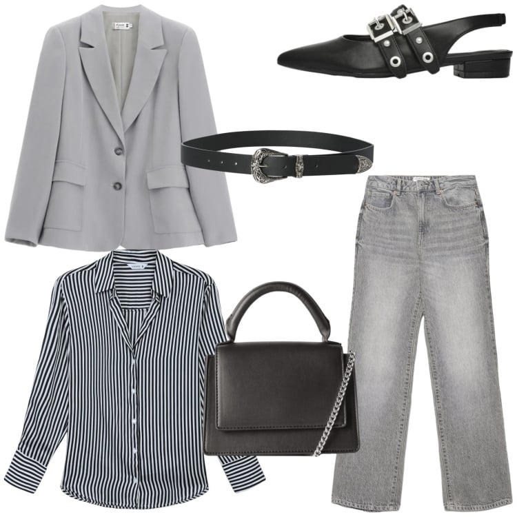 Outfit donna - Denim in ufficio. Stile Casual chic per Ufficio. Abbinamento con camicie, borse a tracolla, cinture, ballerine, jeans dritti, blazer.