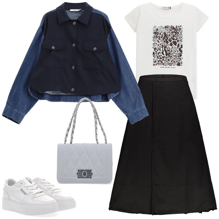 Outfit donna - Soft Rebel. Stile Urban per Tutti i giorni. Abbinamento con t-shirt, blazer, orecchini, sneakers, gonne lunghe, borse a tracolla.