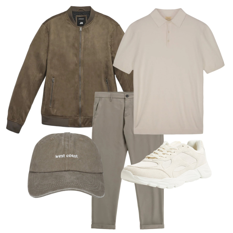 Outfit uomo - Marzo. Stile Trendy per Tutti i giorni. Abbinamento con sneakers, cappelli con visiera, giacche, pantaloni, polo.