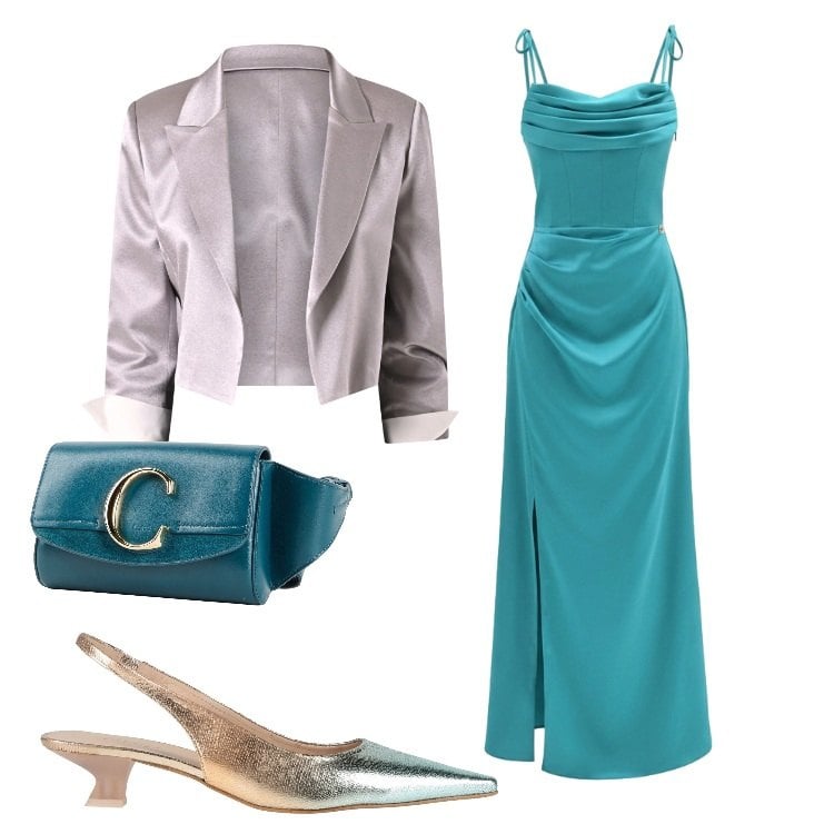 Outfit donna - Verde di sera. Stile Glamour per Serata fuori. Abbinamento con marsupi, décolleté, vestiti lunghi, bolero.