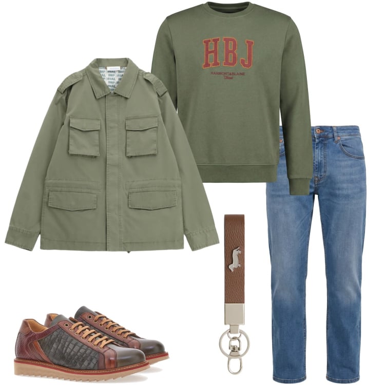 Outfit uomo - Marzo. Stile Urban per Tutti i giorni. Abbinamento con portachiavi, jeans, felpe, cappotti, scarpe stringate.