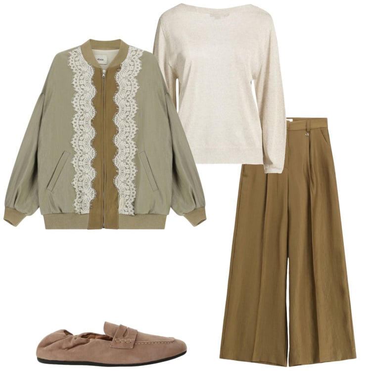 Outfit donna - Marzo. Stile Casual chic per Tutti i giorni. Abbinamento con pullovers, mocassini, bomber, pantaloni a palazzo.