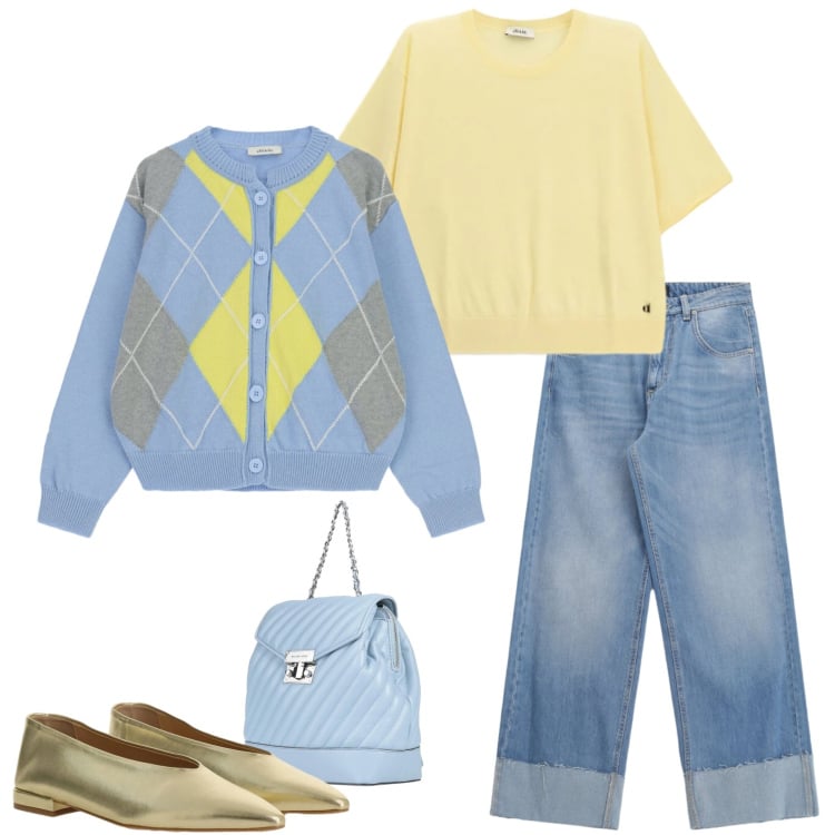 Outfit donna - Primavera alle porte. Stile Casual chic per Tutti i giorni. Abbinamento con zaini, cardigans, t-shirt, jeans, ballerine.