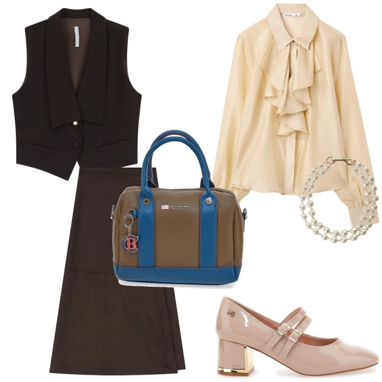 Outfit donna - Primavera 2026. Stile Casual per Tutti i giorni. Abbinamento con camicie, gilet, braccialetti, gonne lunghe, décolleté, borse a mano.