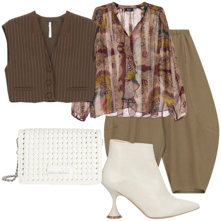 Outfit donna - Pantaloni larghi. Stile Urban per Tutti i giorni. Abbinamento con stivaletti, borse a tracolla, pantaloni, gilet, camicie.