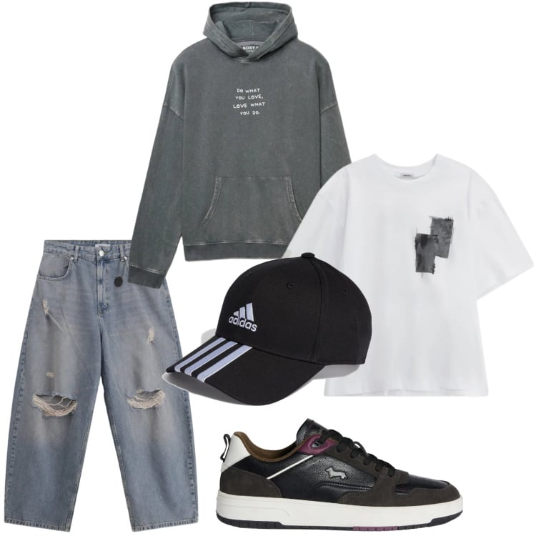 Outfit uomo - Cool. Stile Casual per Tutti i giorni. Abbinamento con sneakers, felpe con cappuccio, jeans strappati, t-shirt, cappelli con visiera.