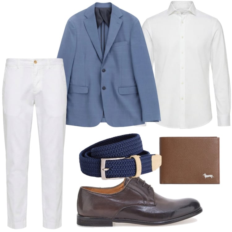 Outfit uomo - Dandy elegante. Stile Trendy per Tutti i giorni. Abbinamento con cinture, camicie, portafogli, pantaloni chino, giacche, scarpe stringate.