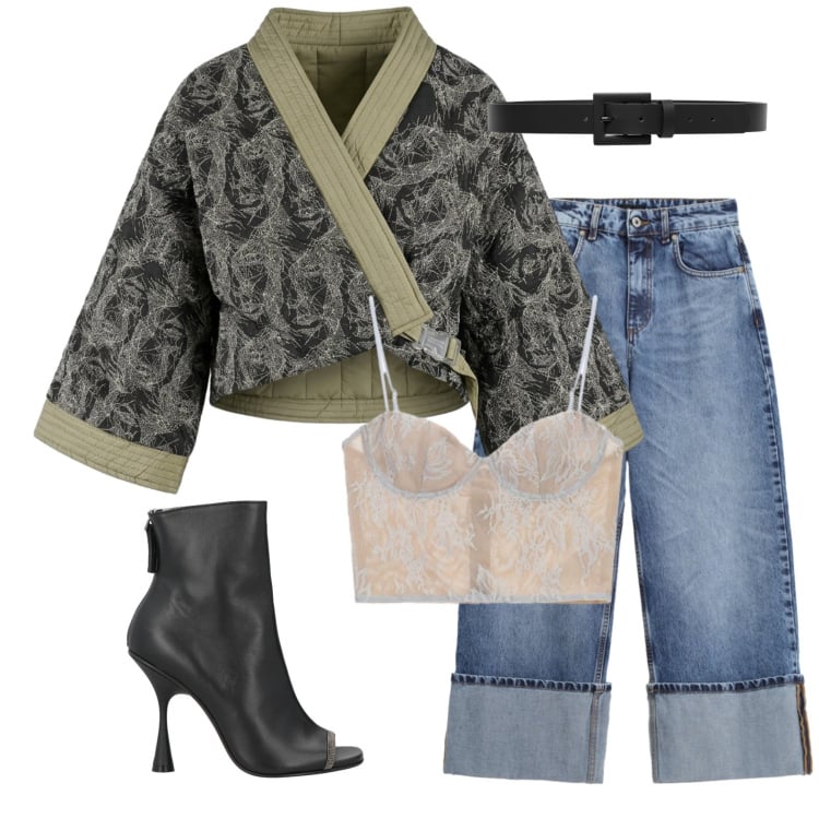 Outfit donna - Kimono e jeans. Stile Sexy per Serata fuori. Abbinamento con stivaletti, cinture, canottiere, kimono, jeans.