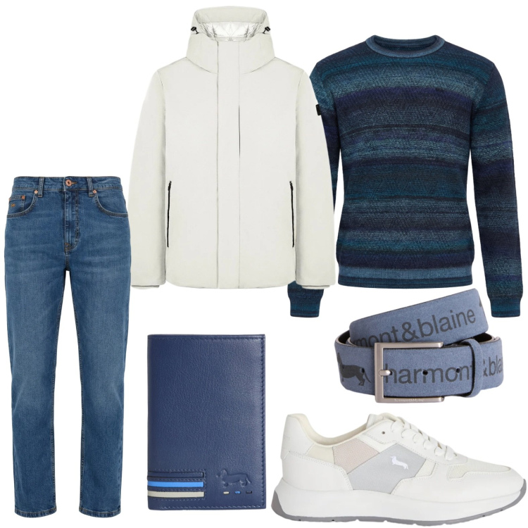 Outfit uomo - Look da montagna. Stile Trendy per Tutti i giorni. Abbinamento con cinture, portafogli, sneakers, jeans, pullovers, parka.