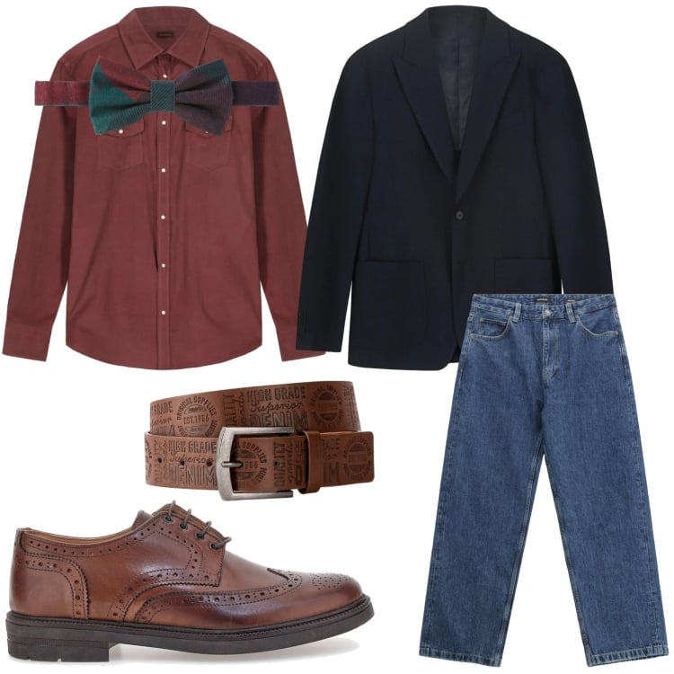 Outfit uomo - Bon ton disinvolto. Stile Trendy per Tutti i giorni. Abbinamento con cinture, jeans, papillon, giacche, camicie, scarpe stringate.