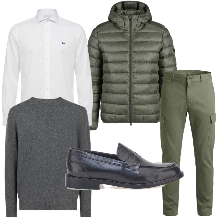 Outfit uomo - Combinazione versatile. Stile Trendy per Ufficio. Abbinamento con pantaloni cargo, camicie, giacche, maglieria, scarpe stringate.
