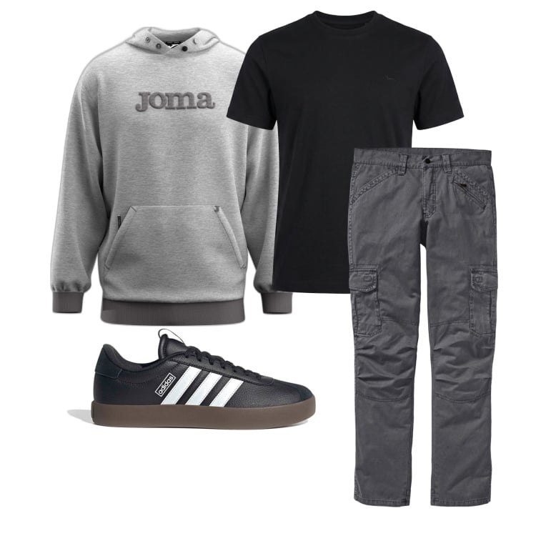 Outfit uomo - Marzo. Stile Casual per Tutti i giorni. Abbinamento con pantaloni cargo, t-shirt, felpe con cappuccio, sneakers.
