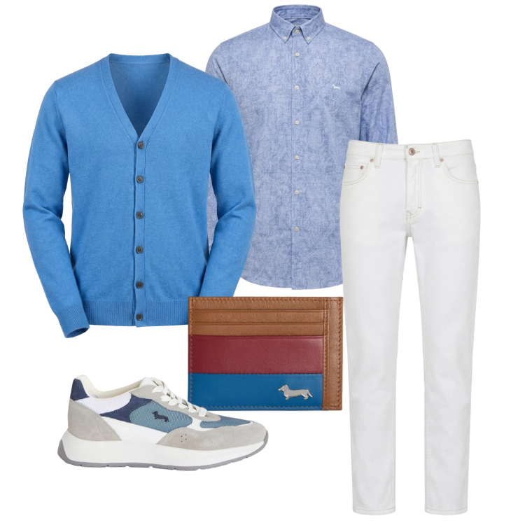 Outfit uomo - Marzo. Stile Trendy per Tutti i giorni. Abbinamento con sneakers, jeans, cardigans, portafogli, camicie.