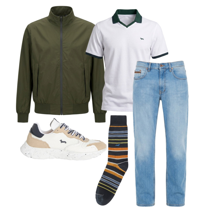 Outfit uomo - Marzo. Stile Trendy per Tutti i giorni. Abbinamento con jeans, calzini, polo, sneakers, giacche.