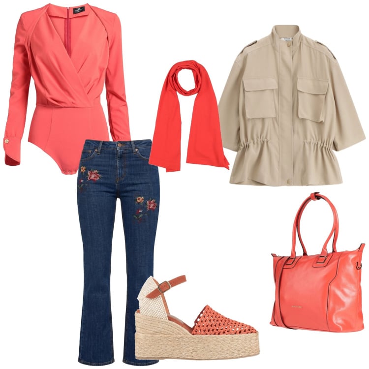 Outfit donna - I salmoni risalgono la corrente. Stile Casual chic per Tutti i giorni. Abbinamento con body, sciarpe, zaini, espadrillas, jeans, parka.