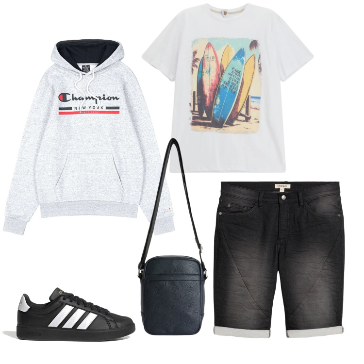 Outfit uomo - Urban Surf. Stile Casual per Tutti i giorni. Abbinamento con bermuda, borse sportive, t-shirt, felpe con cappuccio, sneakers.