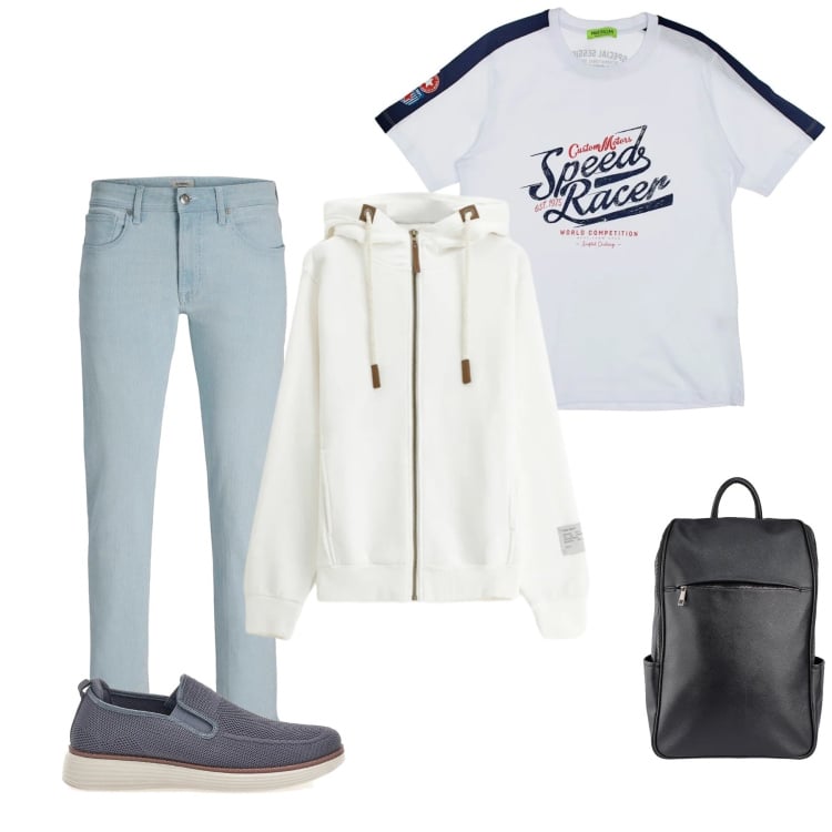 Outfit uomo - Comfort Casual per il Weekend. Stile Urban per Tutti i giorni. Abbinamento con jeans, felpe con cappuccio, t-shirt, borse sportive, scarpe stringate.