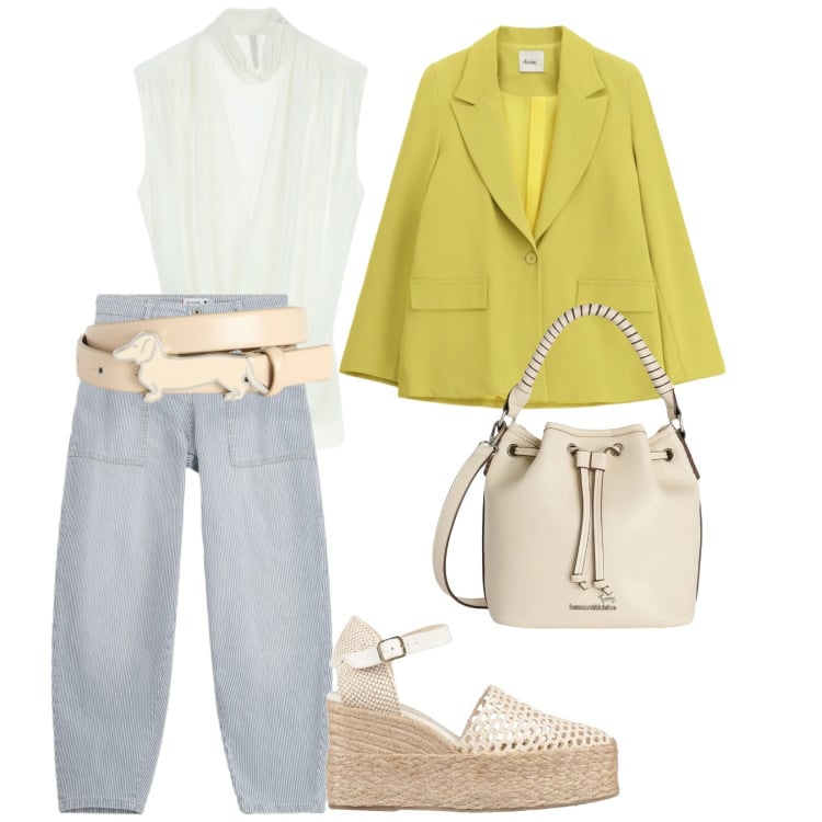 Outfit donna - Urban. per Tutti i giorni. Abbinamento con espadrillas, cinture, borse a secchiello, jeans, top, blazer.