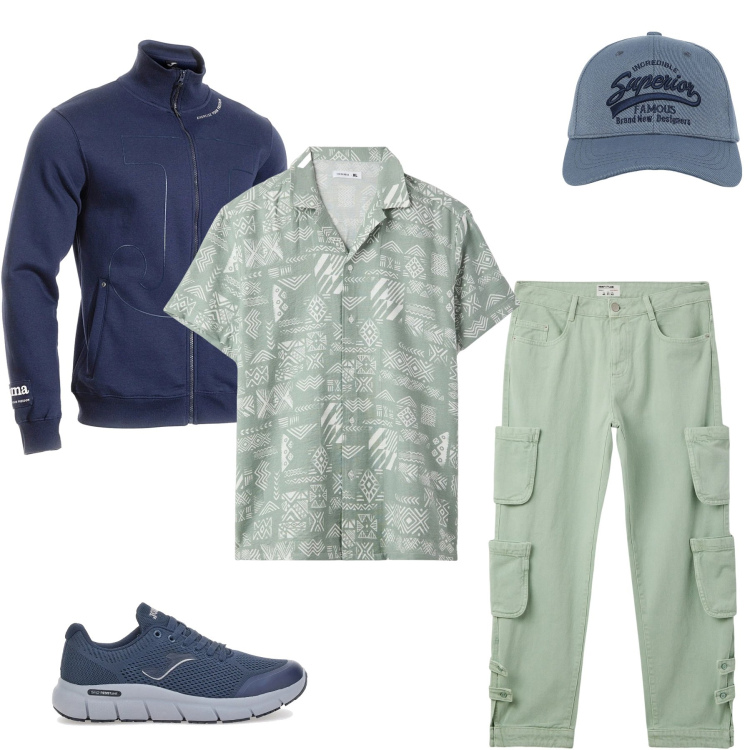 Outfit uomo - Casual Dinamic. Stile Casual per Tutti i giorni. Abbinamento con jeans, cappelli con visiera, camicie a manica corta, sneakers, felpe.