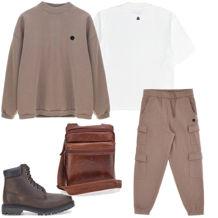 Outfit uomo - Minimalismo Gorpcore. Stile Trendy per Tutti i giorni. Abbinamento con maglieria, anfibi, felpe, pantaloni cargo, borse sportive.