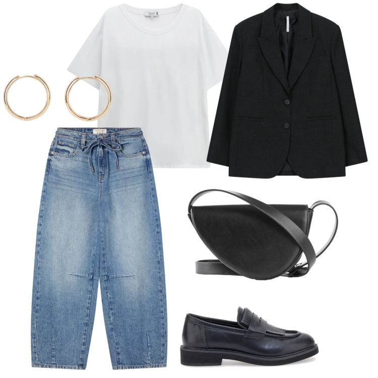 Outfit donna - In un film. per Tutti i giorni. Abbinamento con borse a tracolla, orecchini, jeans, t-shirt, blazer, mocassini.