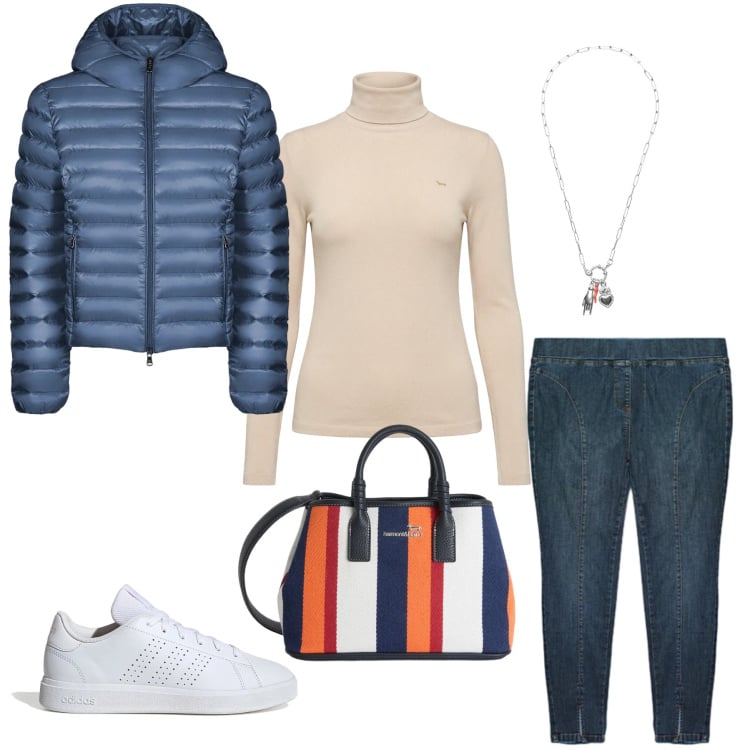 Outfit donna - Eleganza Casual. Stile Casual chic per Tutti i giorni. Abbinamento con jeggings, shopping bag, maglieria, ciondoli, bomber, sneakers.