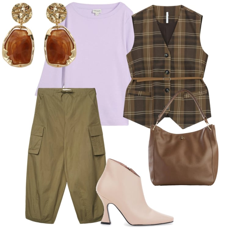 Outfit donna - Primavera in ufficio. per Ufficio. Abbinamento con maglieria, borse a tracolla, pantaloni cargo, gilet, orecchini, stivaletti.