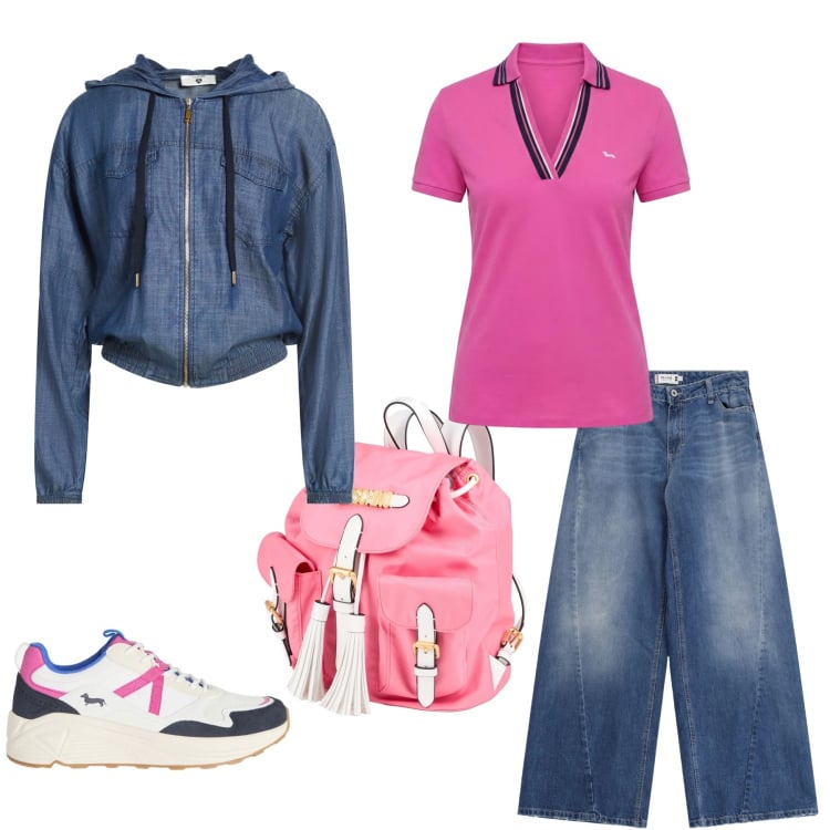 Outfit donna - Casual-Chic con Denim e Rosa. Stile Casual chic per Tutti i giorni. Abbinamento con felpe con cappuccio, zaini, sneakers, polo, jeans.