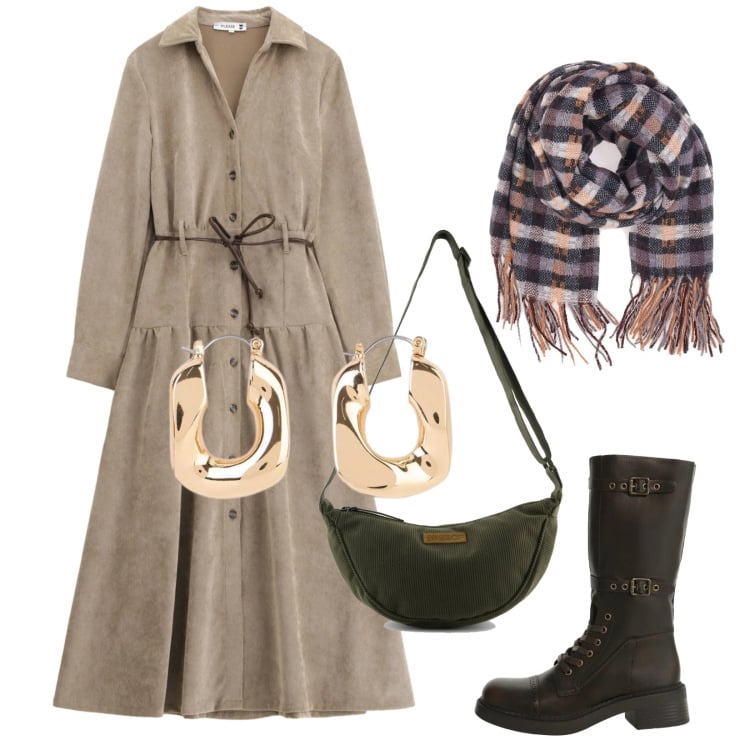 Outfit donna - Total look #2364467. Stile Trendy per Tutti i giorni. Abbinamento con orecchini, vestiti lunghi, stivali, sciarpe, borse a tracolla.