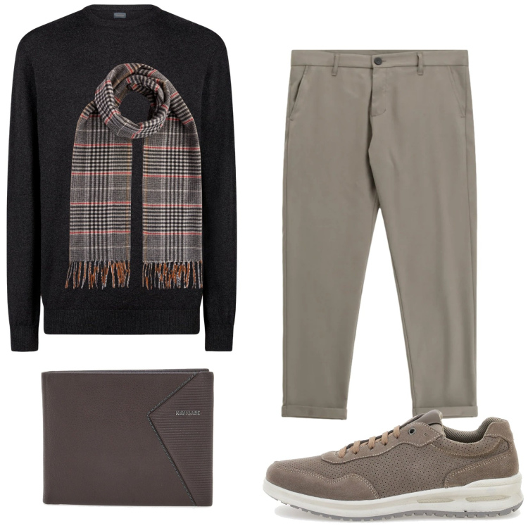 Outfit uomo - Total look #2364468. Stile Casual per Tutti i giorni. Abbinamento con pantaloni, sciarpe, maglieria, portafogli, sneakers.