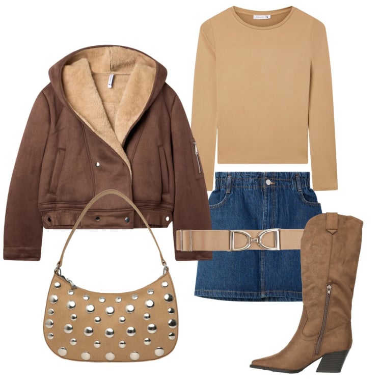 Outfit donna - Terranova Texas. Stile Etnico per Tutti i giorni. Abbinamento con bomber, minigonne, cinture, t-shirt, stivali, borse a tracolla.