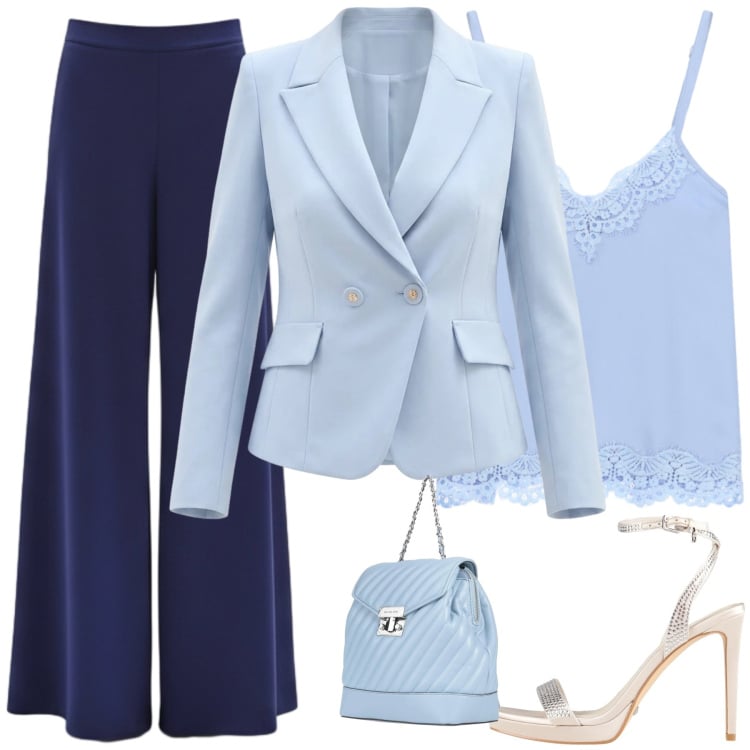 Outfit donna - Sinfonia in Blu: L\'Equilibrio del Potere. Stile Chic per Ufficio. Abbinamento con zaini, sandali col tacco, blazer, pantaloni a palazzo, top.