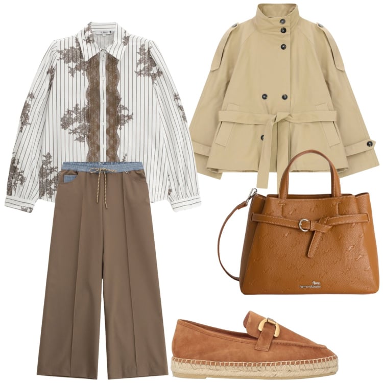 Outfit donna - Total look #2364496. Stile Casual chic per Ufficio. Abbinamento con mocassini, borse a mano, trench, pantaloni a palazzo, camicie.
