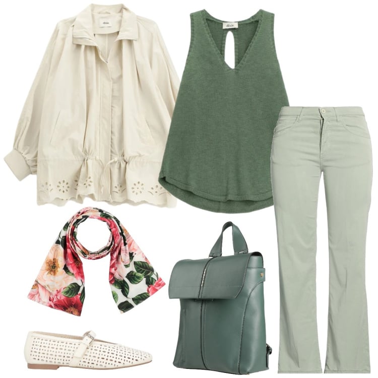 Outfit donna - Total look #2364503. Stile Romantica per Tutti i giorni. Abbinamento con zaini, pantaloni, sciarpe, ballerine, top, parka.